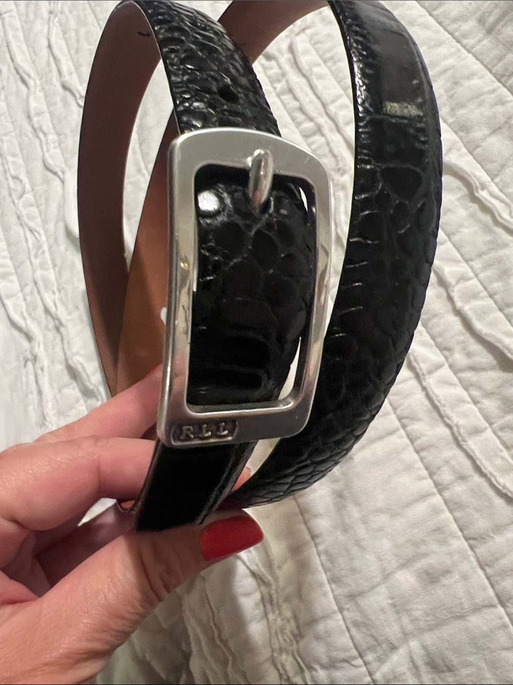 Lauren Ralph Lauren Black Croc-Embossed Leather Belt with Silver Buckle